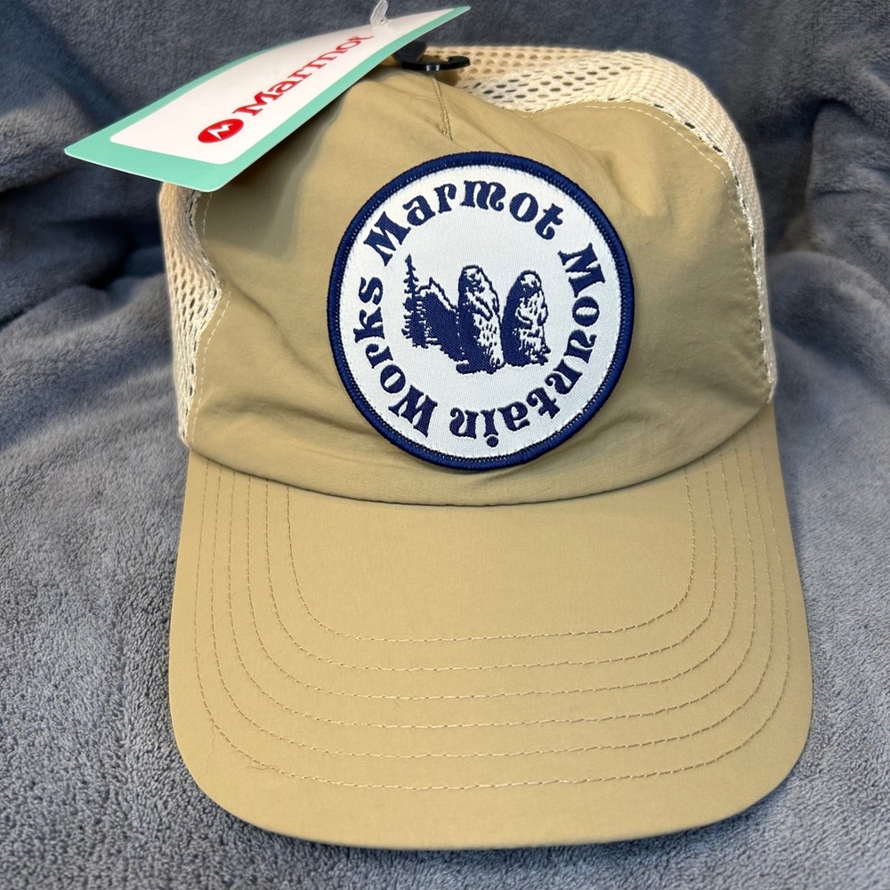 Marmot Mountain Works NWT Trucker Hat Tan Beige Snapback Mesh Cap